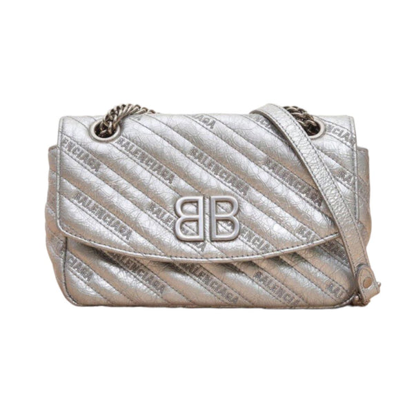 Balenciaga Silver Embossed Quilted Leather BB Round Large Flap Bag